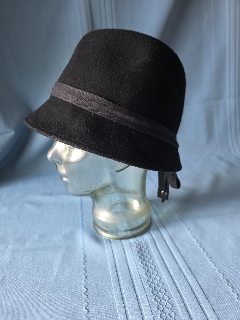 Black 100% Wool Felt Cloche Fedora Bucket Hat Adjustable Vintage Style OS
